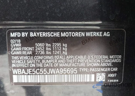 2018 BMW 540I z USA, uszkodzony, nr VIN WBAJE5C55JWA95695